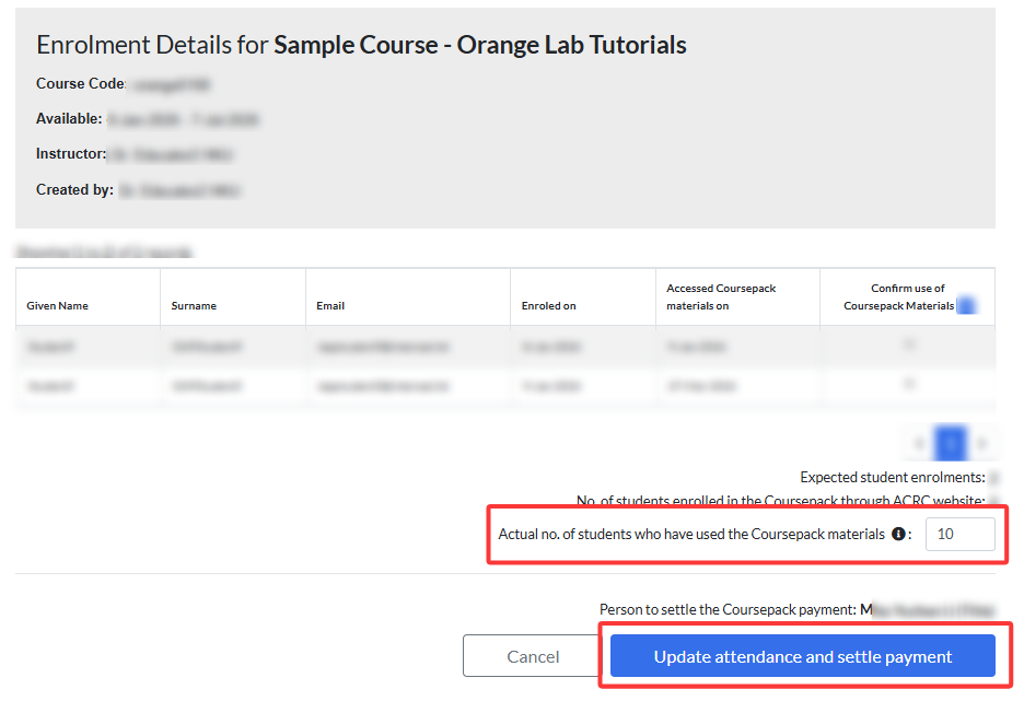 Enrolment Details page highlighting the 'Actual no. of students' input field and the 'Update attendance and settle payment' button..
